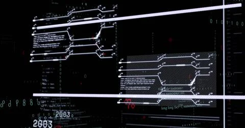 Image of financial data processing over grid on black backgorund Stockfoto's