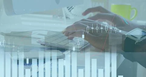 Image of financial data processing over man typing on computer keyboard and 스톡 사진