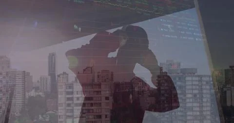 Image of financial data processing over african american man and cityscape Stock Photos