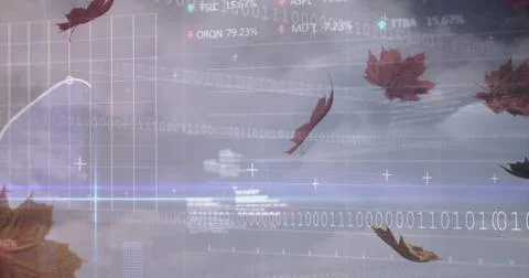 Image of financial data processing over electric cloudy sky Stockfoto's