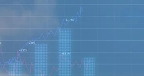 Image of financial data processing over electric cloudy sky Foto stock