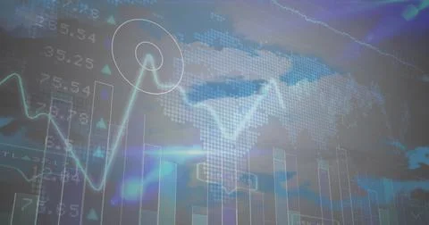 Image of financial data processing over electric cloudy sky 写真素材