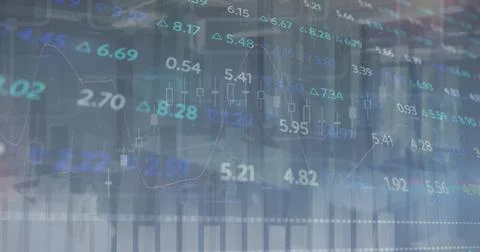 Image of financial data processing over grey graph on dark background Foto stock