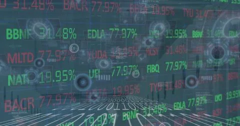 Image of financial data processing over charts and binary coding Stock Photos