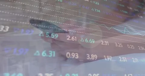 Image of financial data processing over caucasian woman using smartphone Foto stock