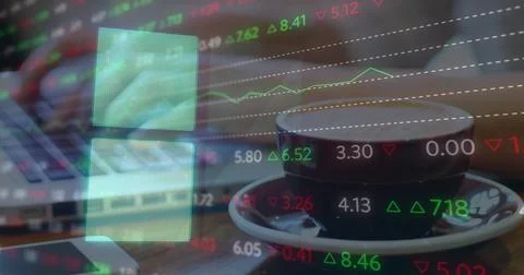 Image of financial data processing over caucasian woman using laptop Foto stock