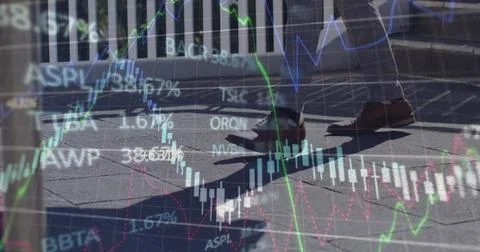 Image of financial data processing over man walking on stairs Stockfoto's