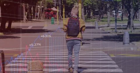 Image of financial data processing over albino african american man walking on Stock Photos