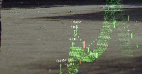 Image of financial data processing over people walking on street Foto stock