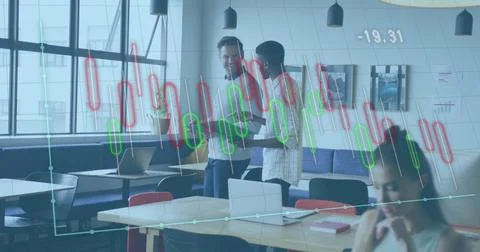Image of financial data processing over diverse business people in office 写真素材