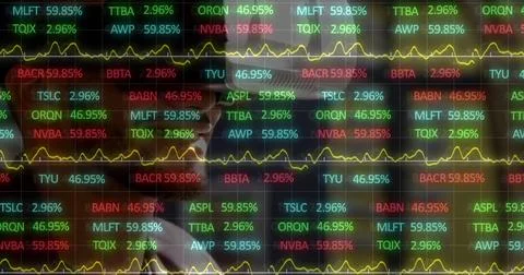 Image of financial data processing over businessman using vr headset 写真素材