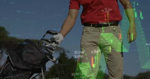 Image of financial data processing over caucasian man picking a golf stick from Stock Photos