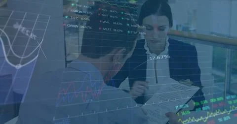 Image of financial data processing over businesses people Stock Photos