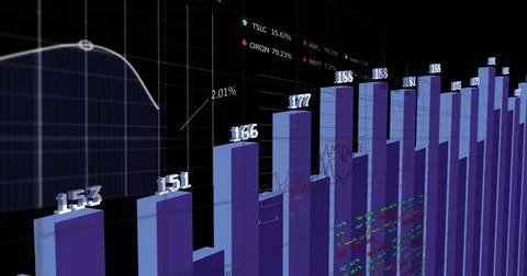 Image of financial data processing over dark background Stock Photos