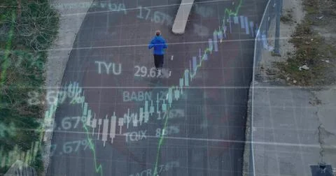 Image of financial data processing over man running on street Stock Photos