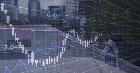 Image of financial data processing over biracial woman walking on stairs Stock Photos