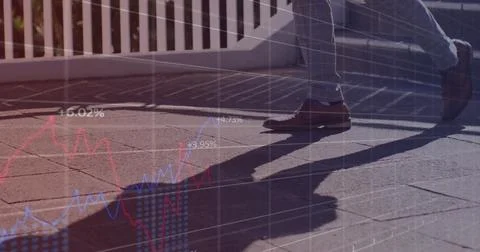 Image of financial data processing over man walking on stairs Stock Photos