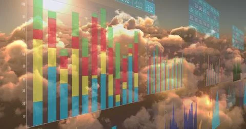 Image of financial data processing over sky with clouds Foto stock