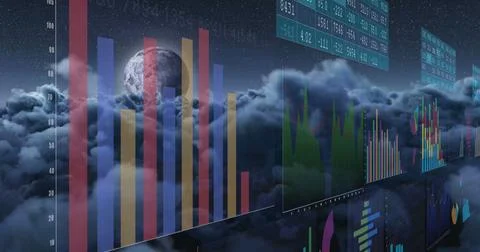 Image of financial data processing over sky with clouds Foto stock