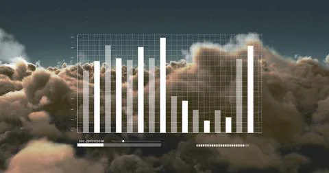 Image of financial data processing over sky with clouds Foto stock
