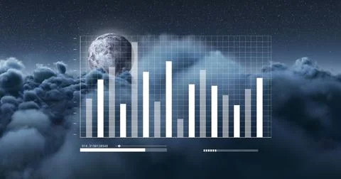 Image of financial data processing over sky with clouds 写真素材