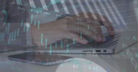 Image of financial data processing over man using laptop Stock Photos