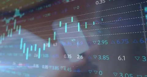Image of financial data processing over woman using smartphone with blank screen Foto stock