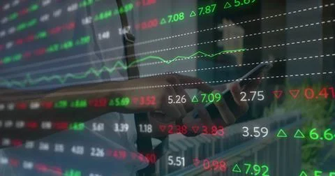 Image of financial data processing over man using smartphone Stock Photos