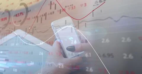 Image of financial data processing over man using smartphone with blank screen Stock Photos