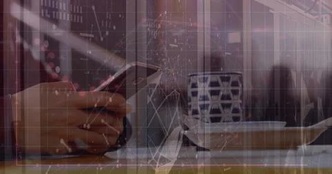 Image of financial data processing over man using smartphone 스톡 사진