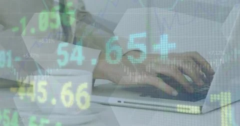 Image of financial data processing over man using laptop 写真素材