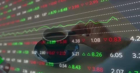 Image of financial data processing over man using smartphone with green screen Stock Photos