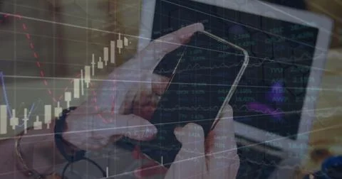 Image of financial data processing over man using smartphone 스톡 사진
