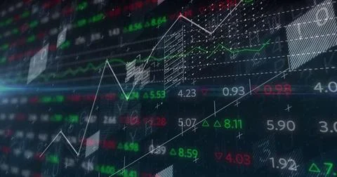 Image of financial data processing over black background Stock Photos