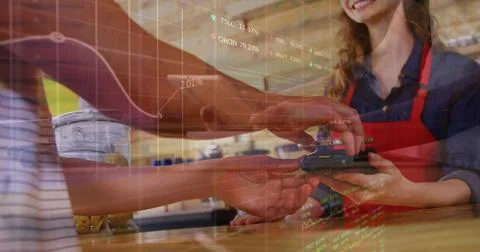 Image of financial data processing over people using smartphone and payment Stock Photos