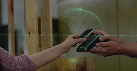 Image of financial data processing over people using smartphone and payment Stock Photos