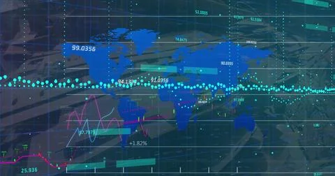 Image of financial data processing over world map on black background Stock Photos
