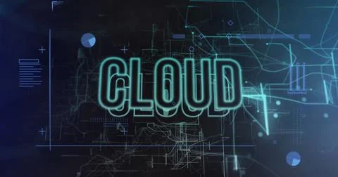 Image of financial data processing over cloud text on black background Stock Photos