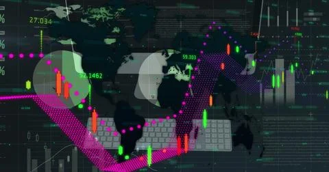 Image of financial data processing over computer and world map on black 스톡 사진