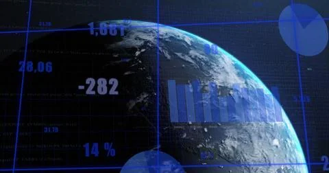 Image of financial data processing over globe 스톡 사진