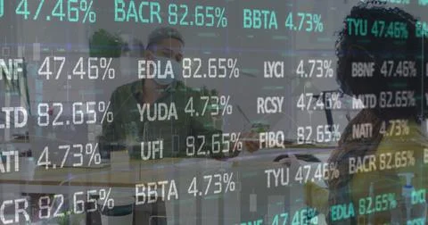 Image of financial data processing over delivery man and van Stock Photos