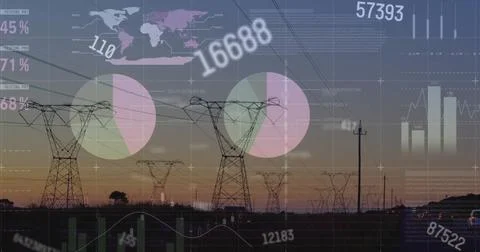 Image of financial data processing over electricity pylons on field Foto stock