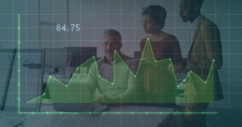 Image of financial data processing over diverse business people Foto stock