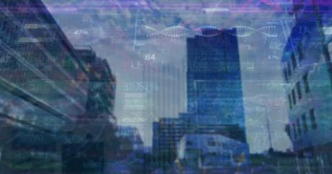 Image of financial data processing over cityscape 写真素材