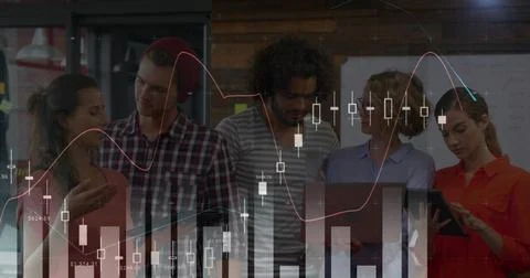Image of financial data processing over diverse business people using laptop Stock Photos