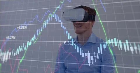 Image of financial data processing over caucasian man using vr headset Stock Photos