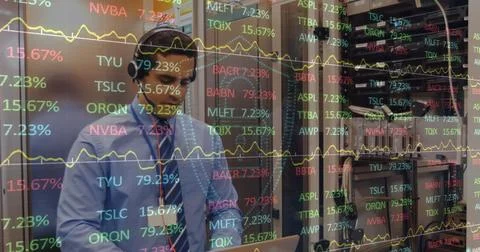 Image of financial data processing over biracial schoolboy multiple binary Stock Photos