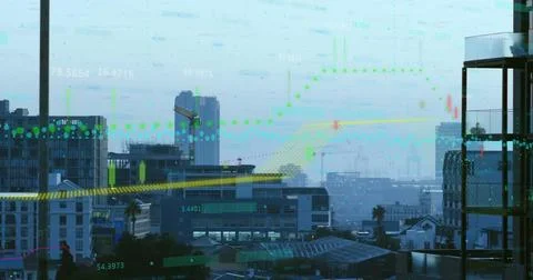 Image of financial data processing over buildings Foto stock