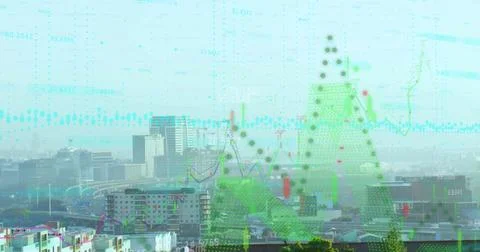 Image of financial data processing over buildings Foto stock