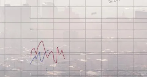 Image of financial data processing over cityscape Stockfoto's
